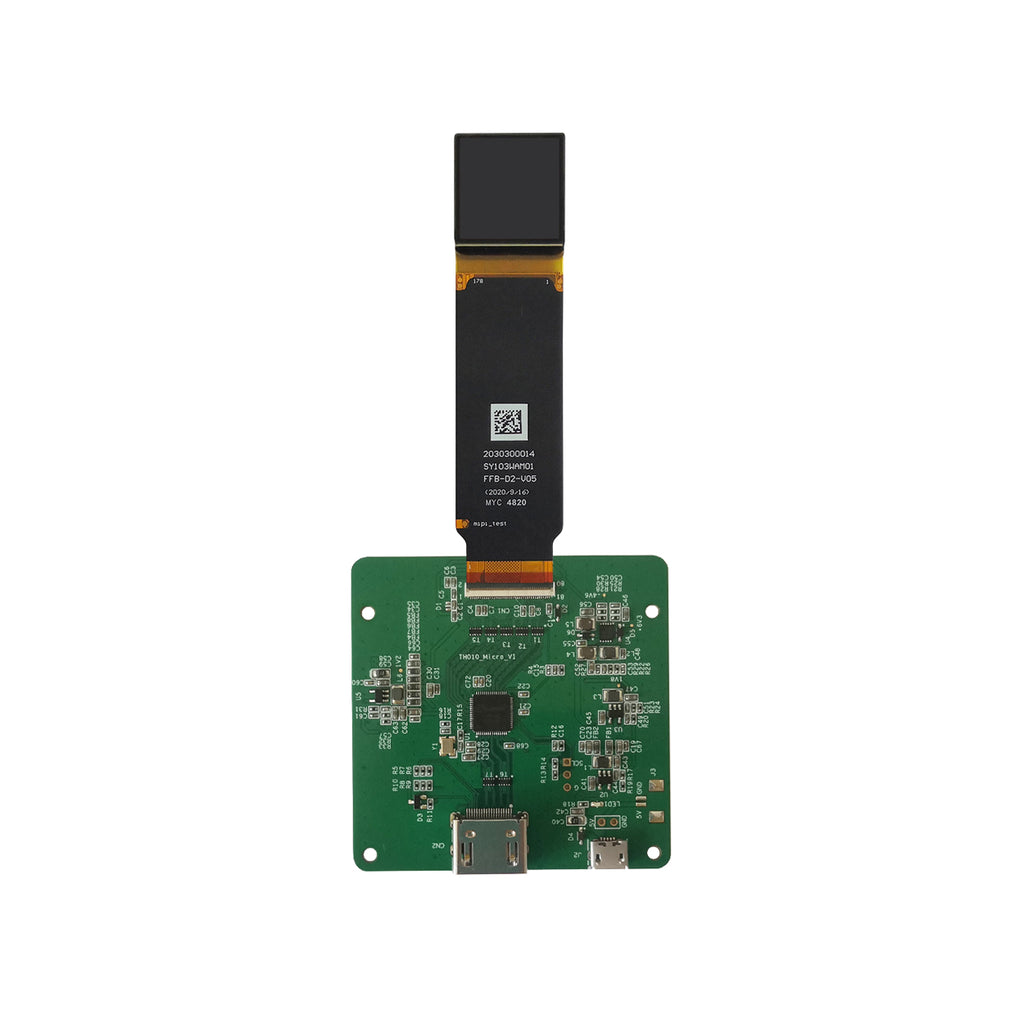 1.03 inch Micro OLED display panel front view with flexible flat cable (FPC) and driver PCB, compact module assembly