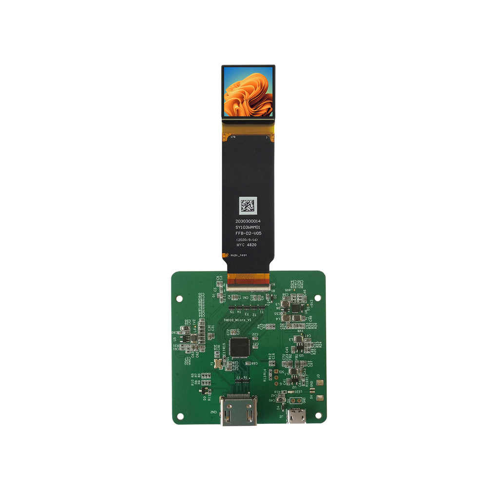 1.03 inch Micro OLED display module with driver board and flex cable, full evaluation kit showing assembled system with active screen