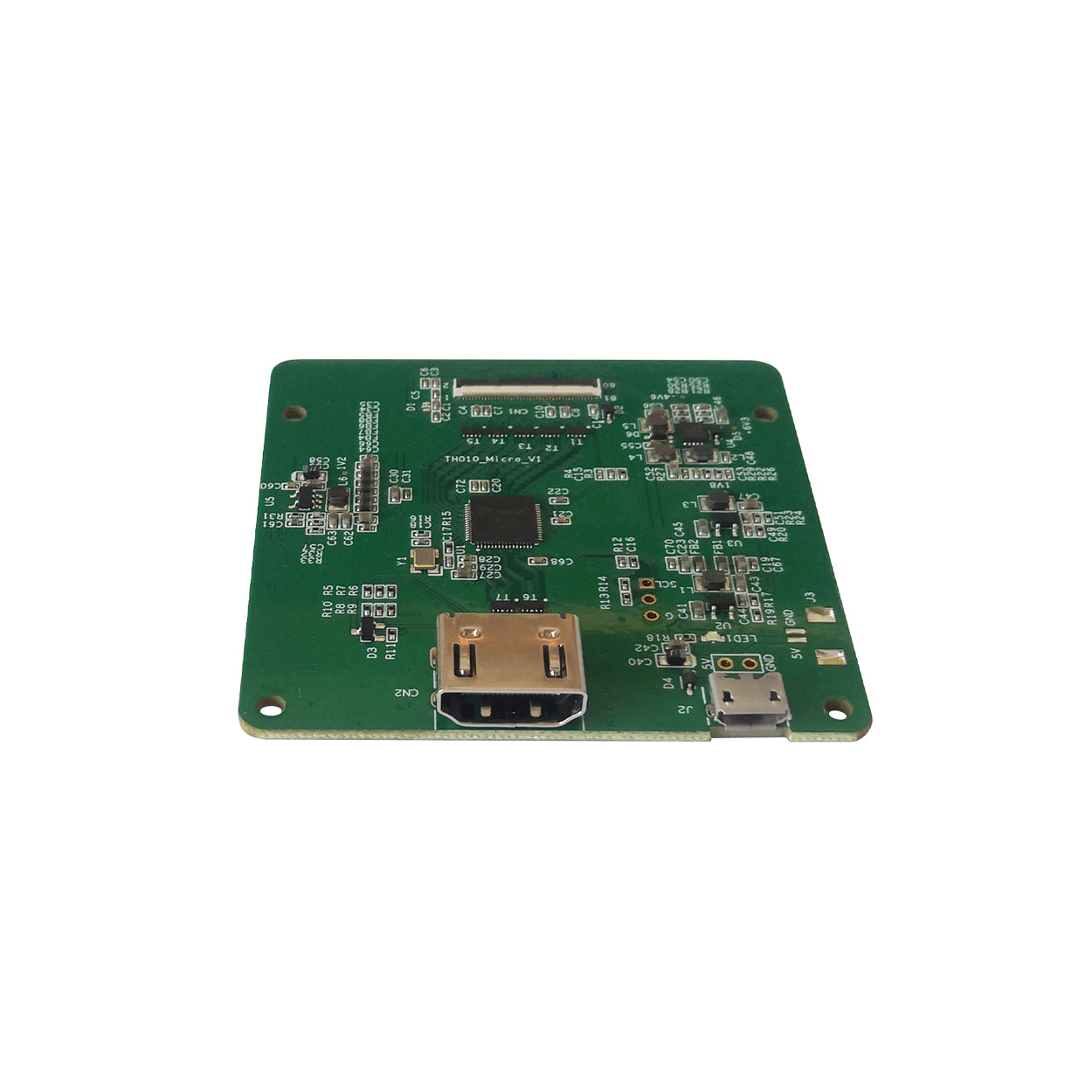 Rear view of Micro OLED evaluation driver board, showing PCB back side with component placement and board dimensions