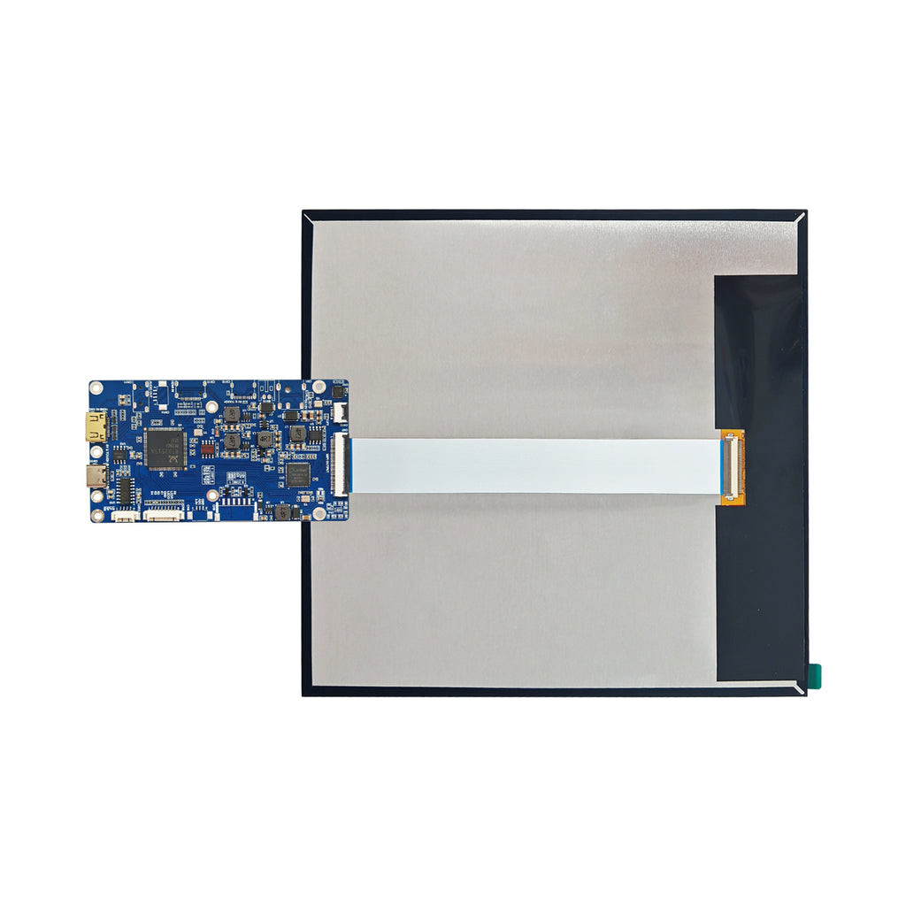 Rear view of the 10-inch TFT display connected to an HDMI driver board by a flat ribbon cable