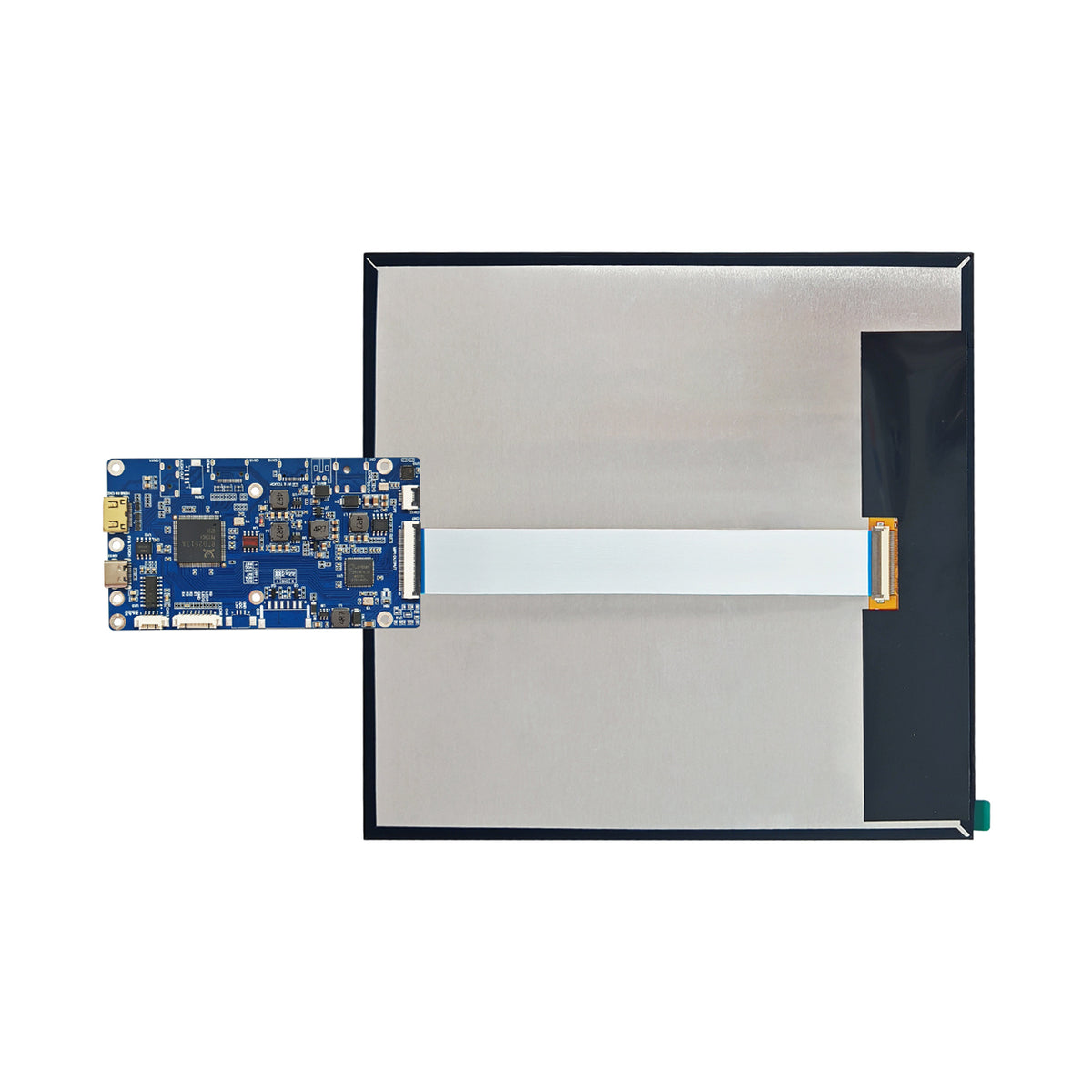 Rear view of the 10-inch TFT display connected to an HDMI driver board by a flat ribbon cable