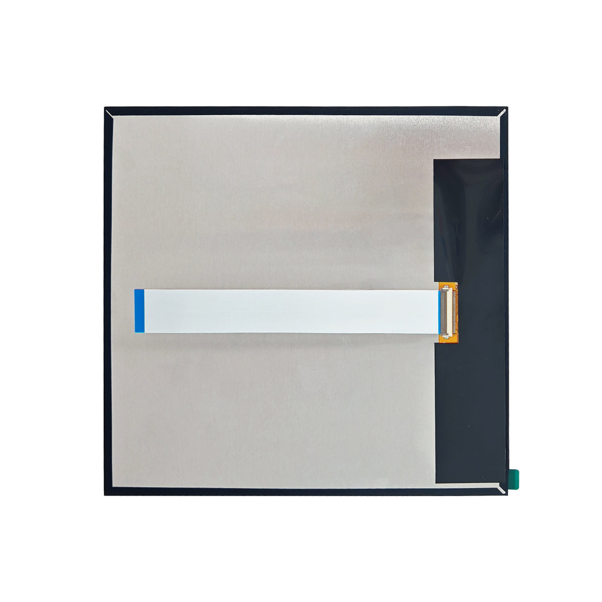 Rear view of the 10-inch square IPS TFT display with metal backplate and flat ribbon cable