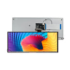 Bar-type LCD display module with PCBA driver board, front and rear view showing colorful display panel and metal bracket assembly
