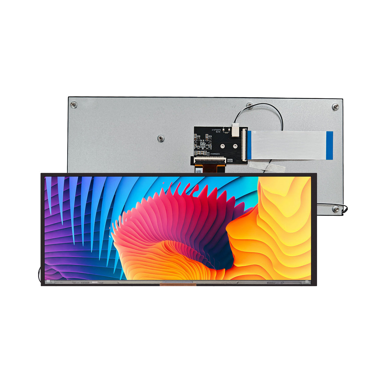 Bar-type LCD display module with PCBA driver board, front and rear view showing colorful display panel and metal bracket assembly