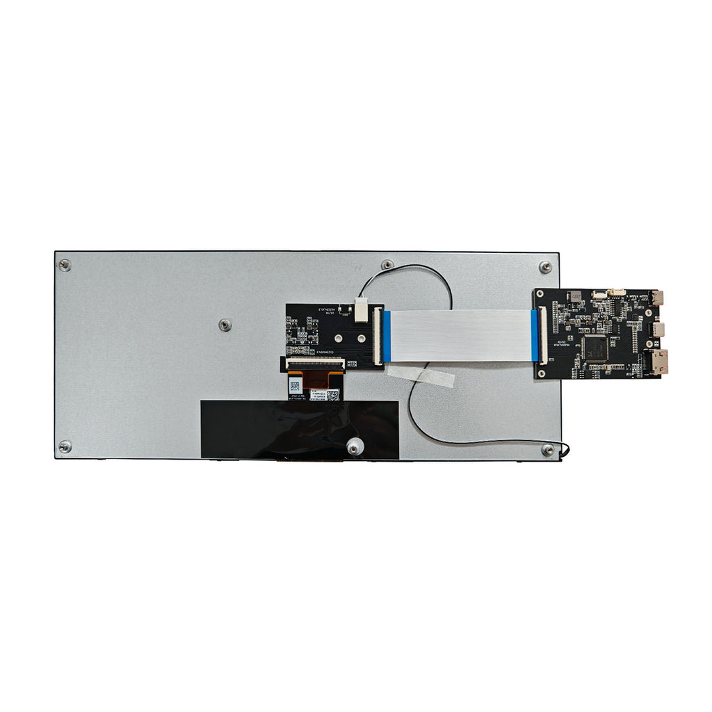 Bar LCD module rear panel with mounting bracket and ribbon cable connector detail