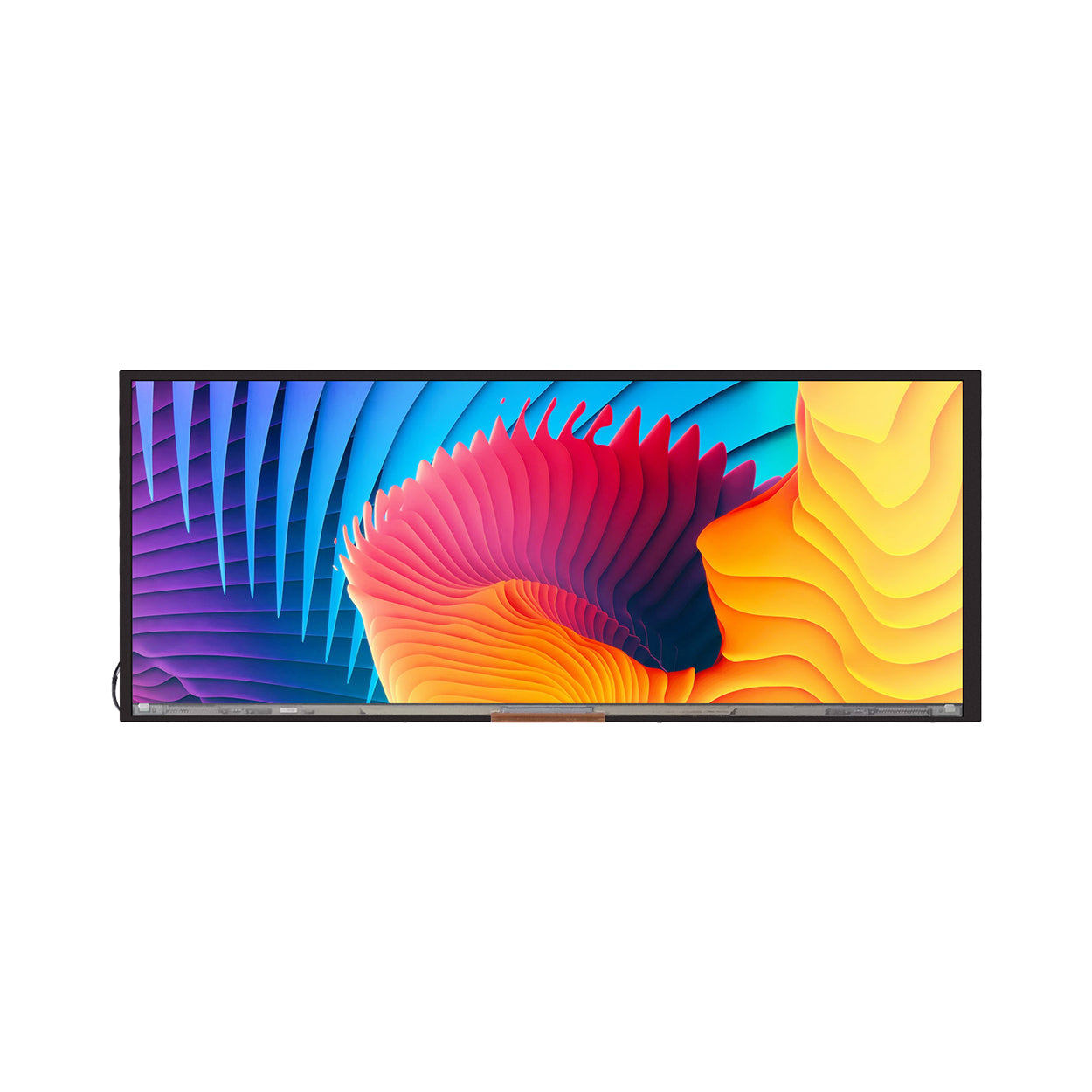 Bar-type LCD display panel showing vivid color gradient test image in landscape orientation