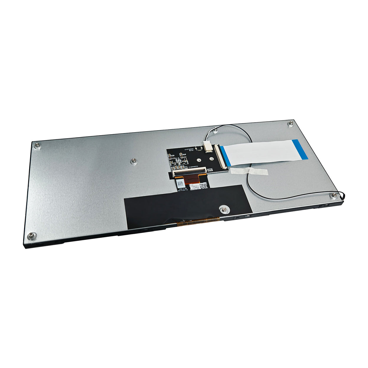 Side angle view of slim bar-type LCD display module showing thin profile and metal enclosure