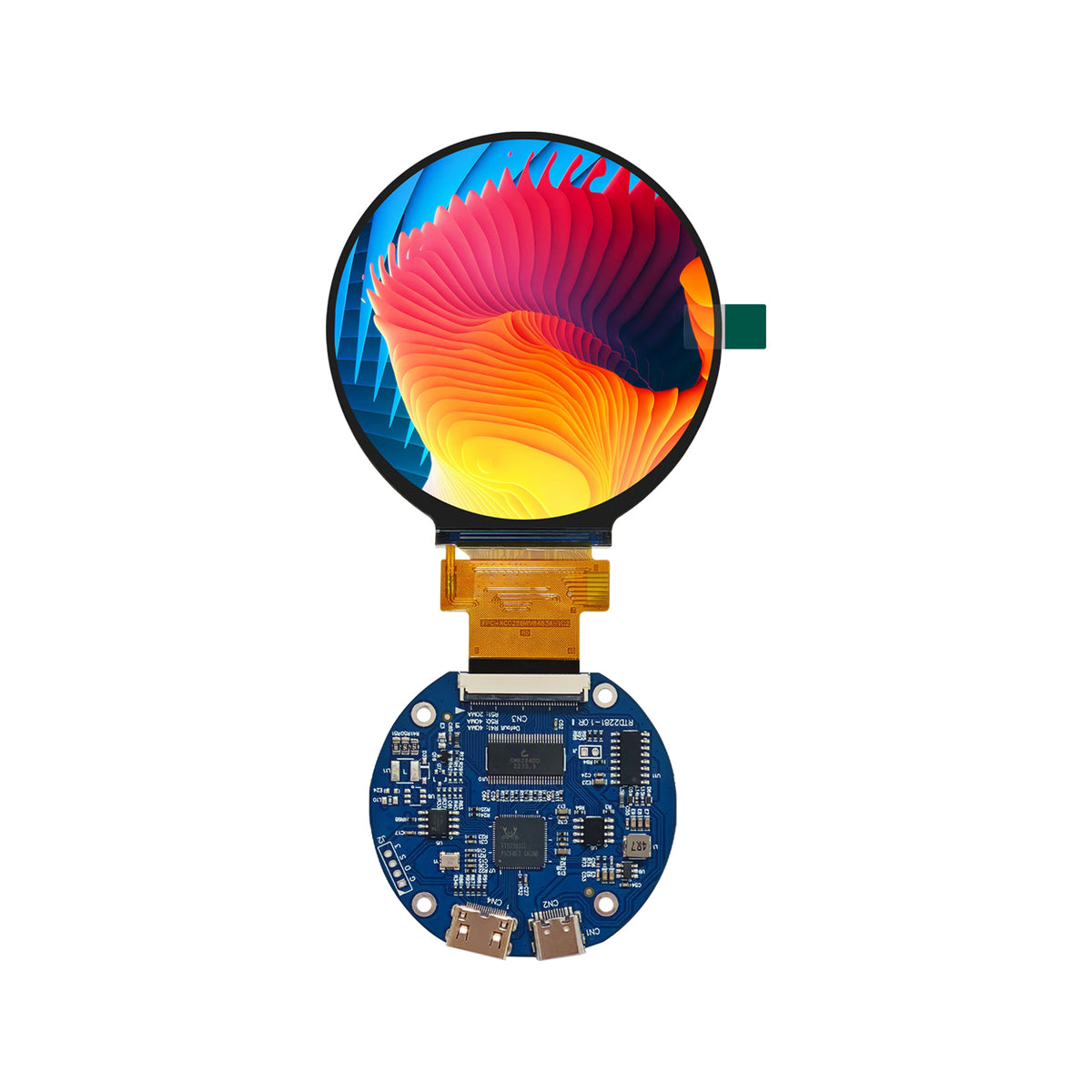 2.8 inch round TFT display module connected to an HDMI driver board showing a color test image