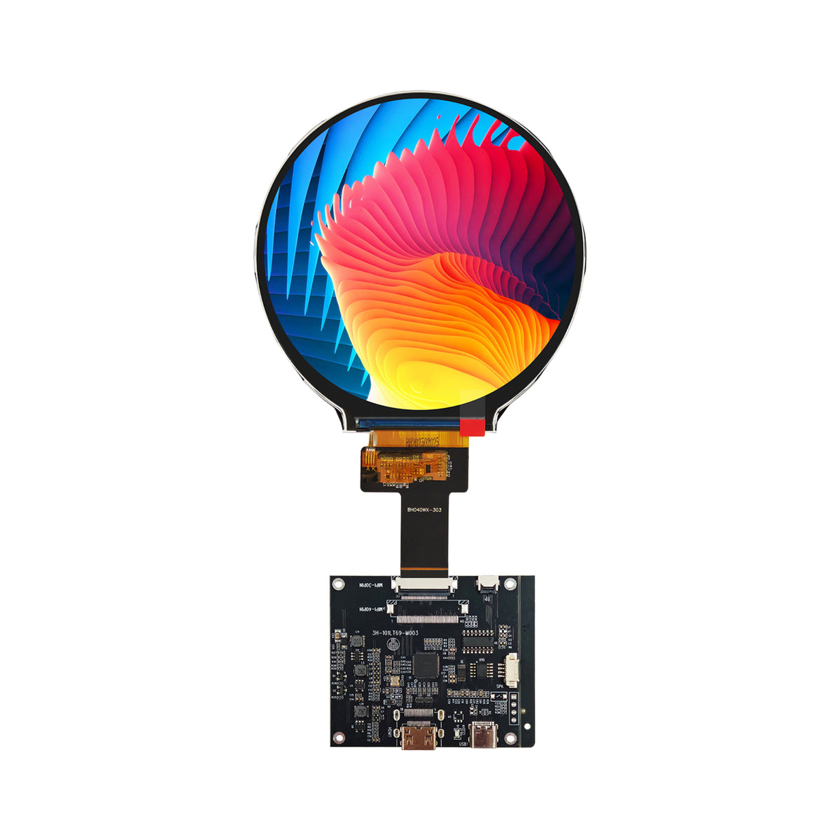 4-inch round TFT LCD display with attached control board, front view