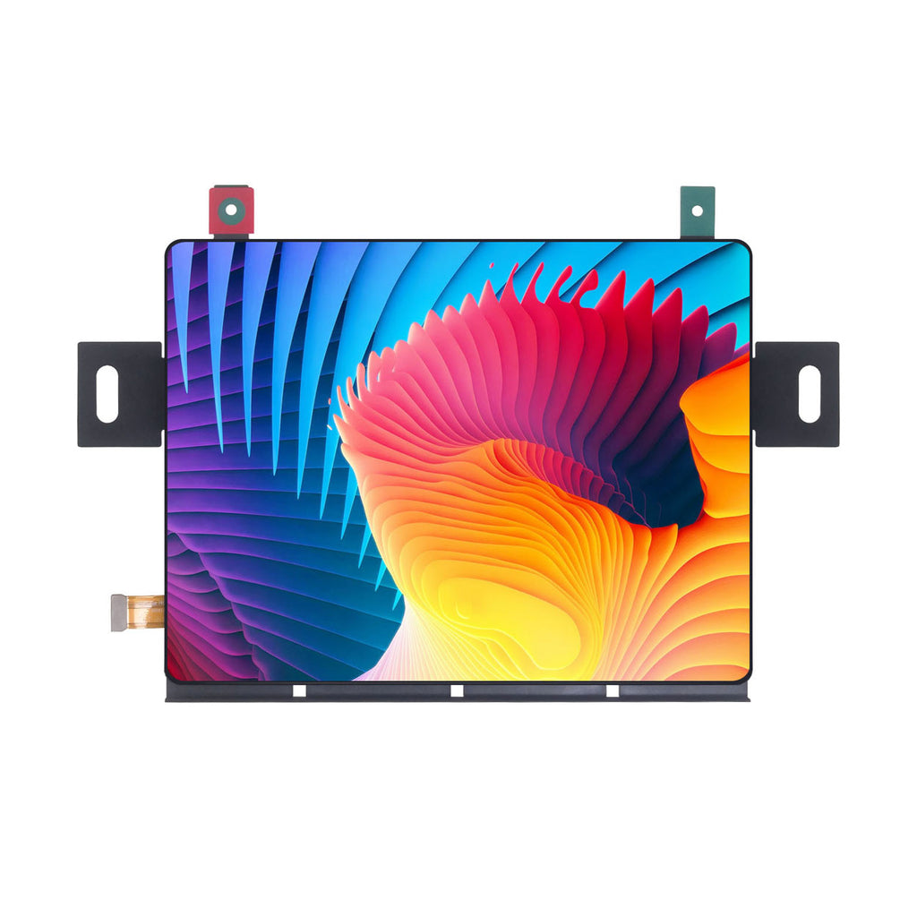 Front view of the 8-inch 2480 × 1860 AMOLED display showing a colorful abstract pattern and mounting tabs.