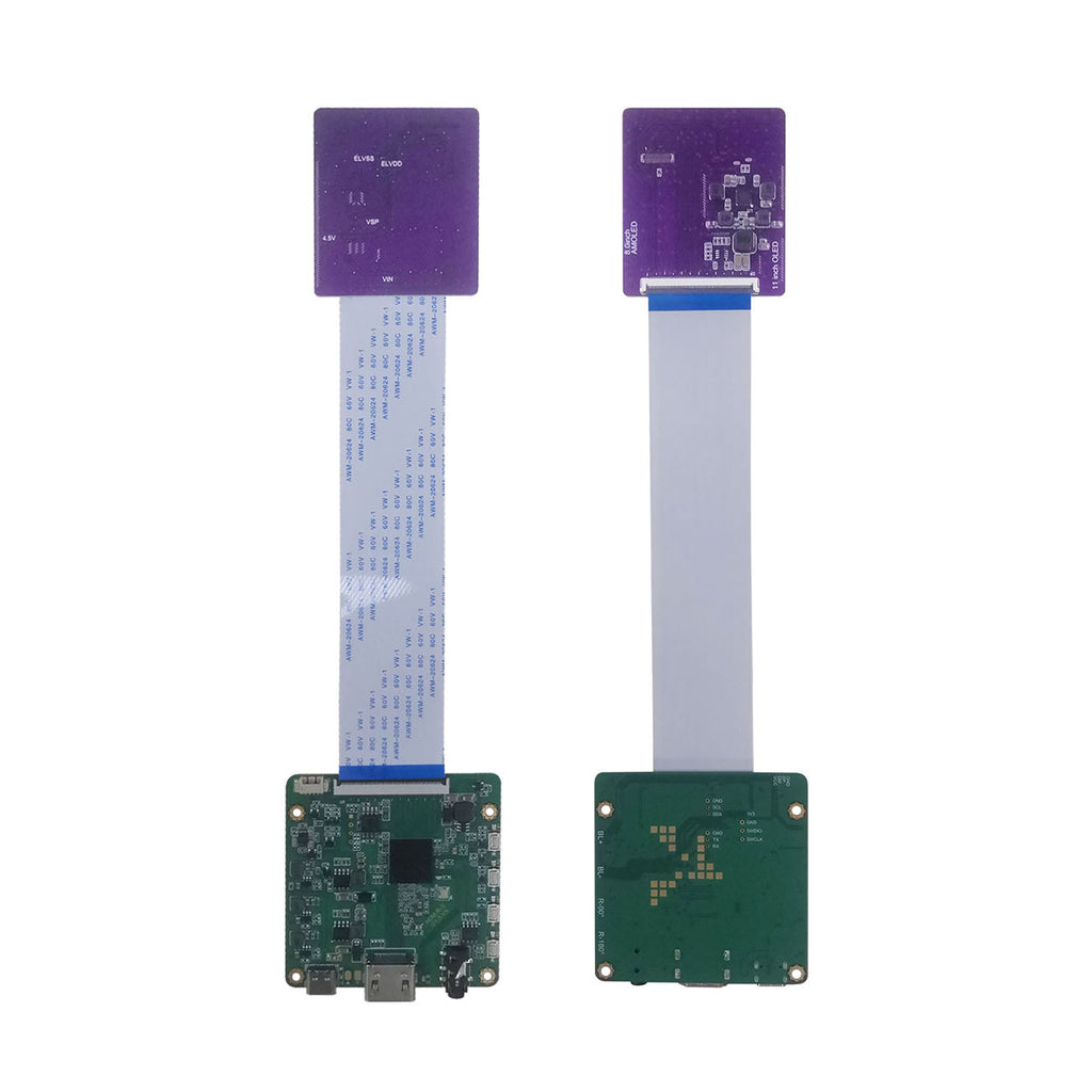 Front and rear views of the HDMI driver board assembly for the 8-inch AMOLED display, with ribbon cables and adapter boards.