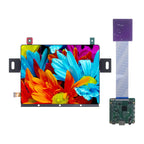 8-inch flexible AMOLED touch display showing colorful flowers, with an HDMI driver board and ribbon cable beside it.