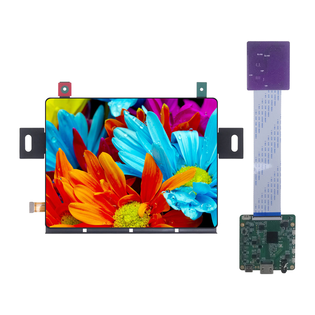 8-inch flexible AMOLED touch display showing colorful flowers, with an HDMI driver board and ribbon cable beside it.