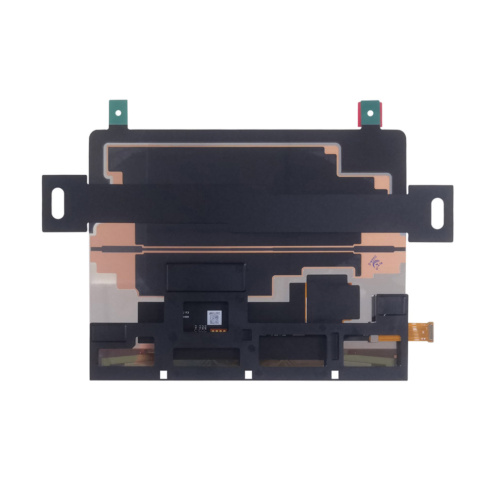 Rear view of the 8-inch flexible AMOLED touch display showing the backing assembly, mounting tabs and flex connections.