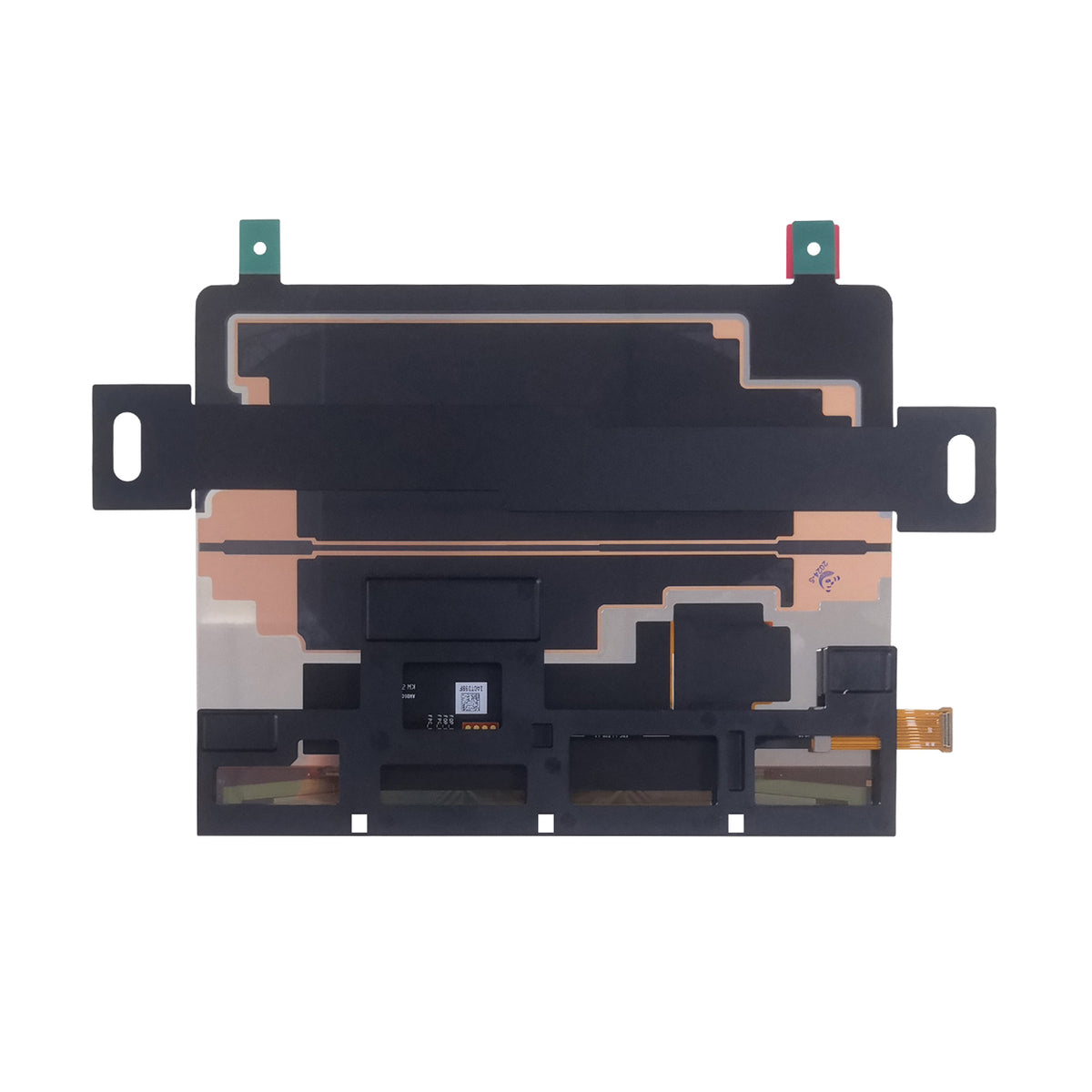 Rear view of the 8-inch flexible AMOLED touch display showing the backing assembly, mounting tabs and flex connections.