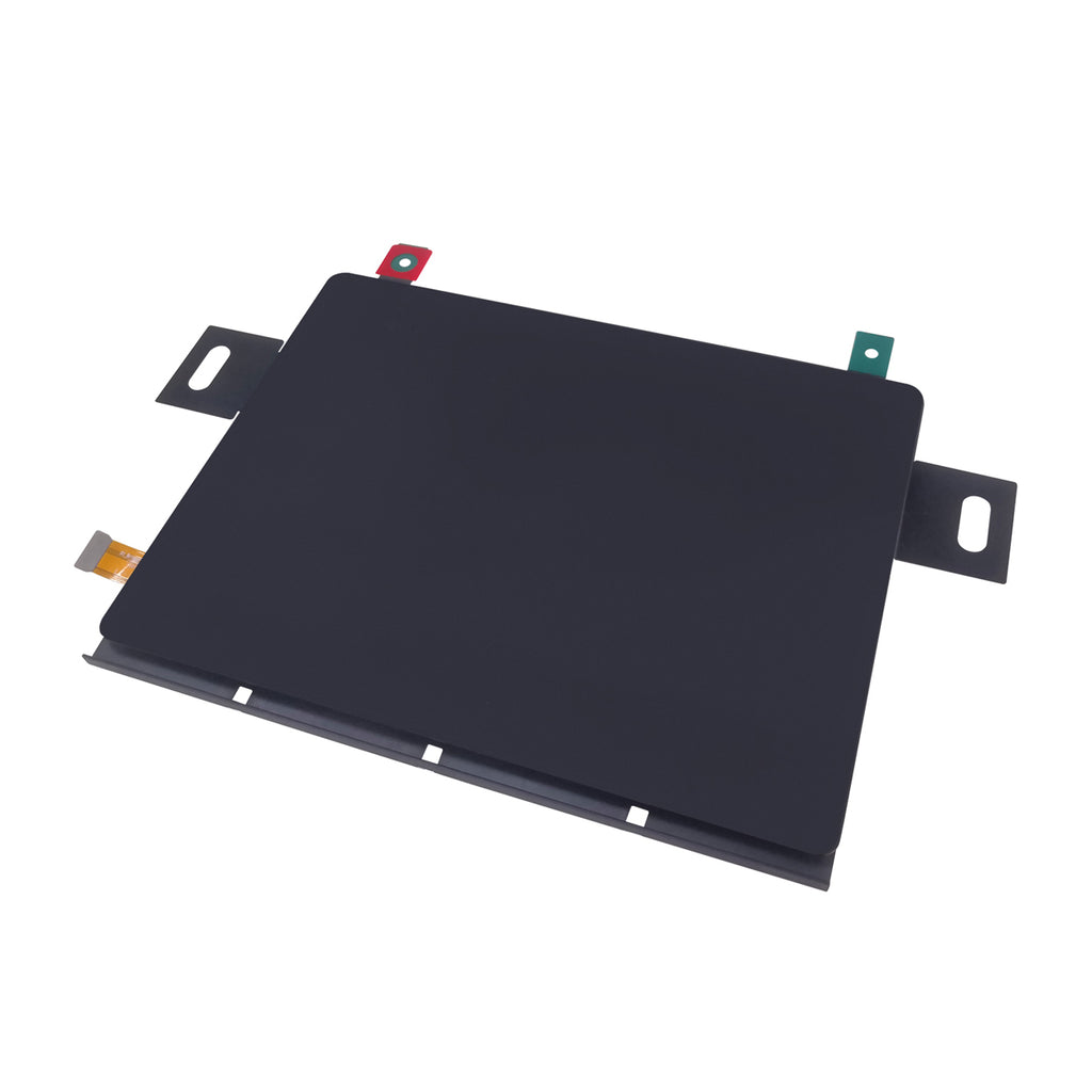 Angled front view of the unlit 8-inch flexible AMOLED panel showing mounting tabs and a flex cable connector.